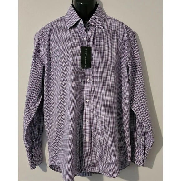 MEN'S BRISTOL & BULL SHIRT PLAID NAVY PURPLE WHITE CONTRAST TRIM LARGE NEW - Picture 1 of 9